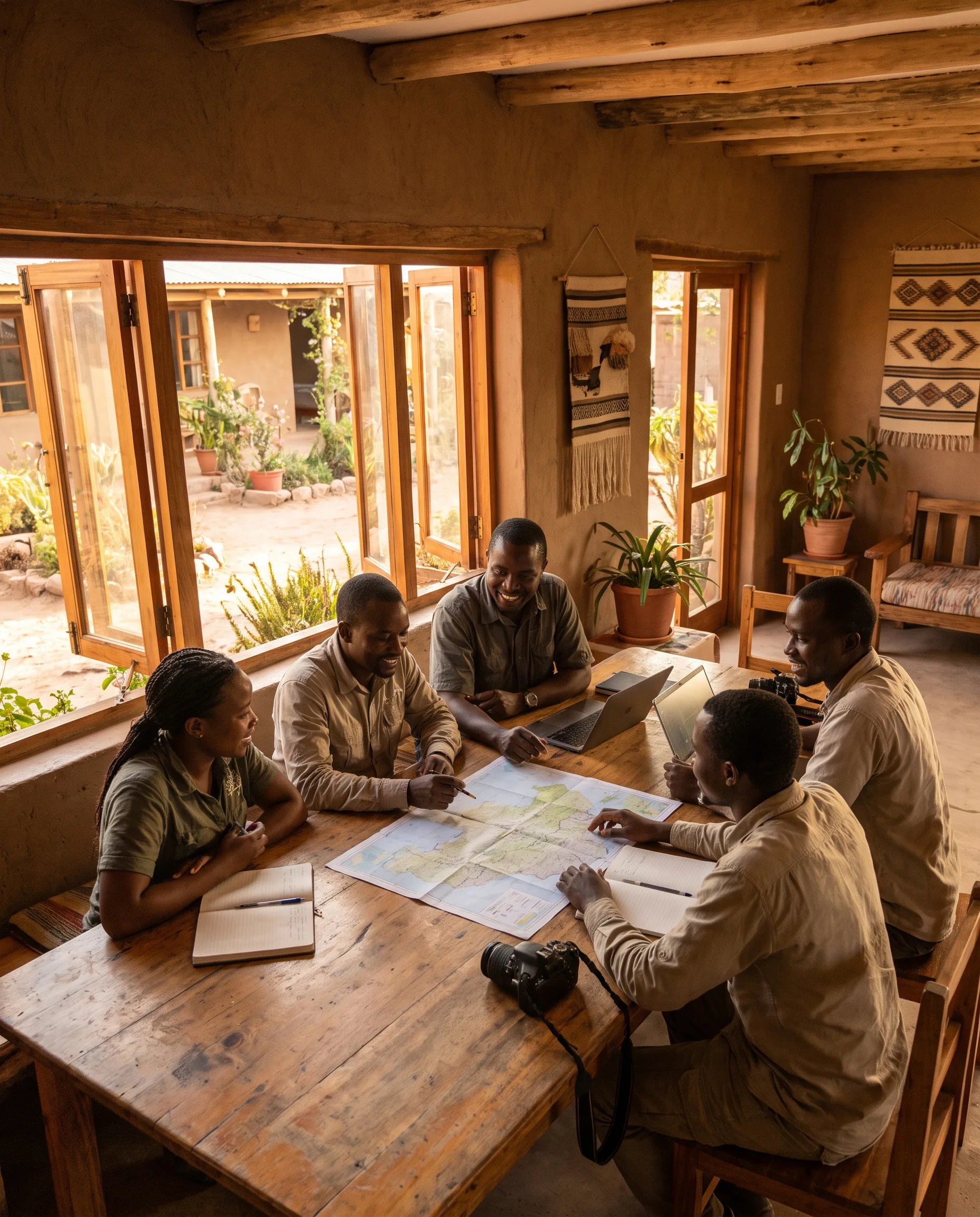 Research team collaborating in a bright, naturally-lit communal workspace