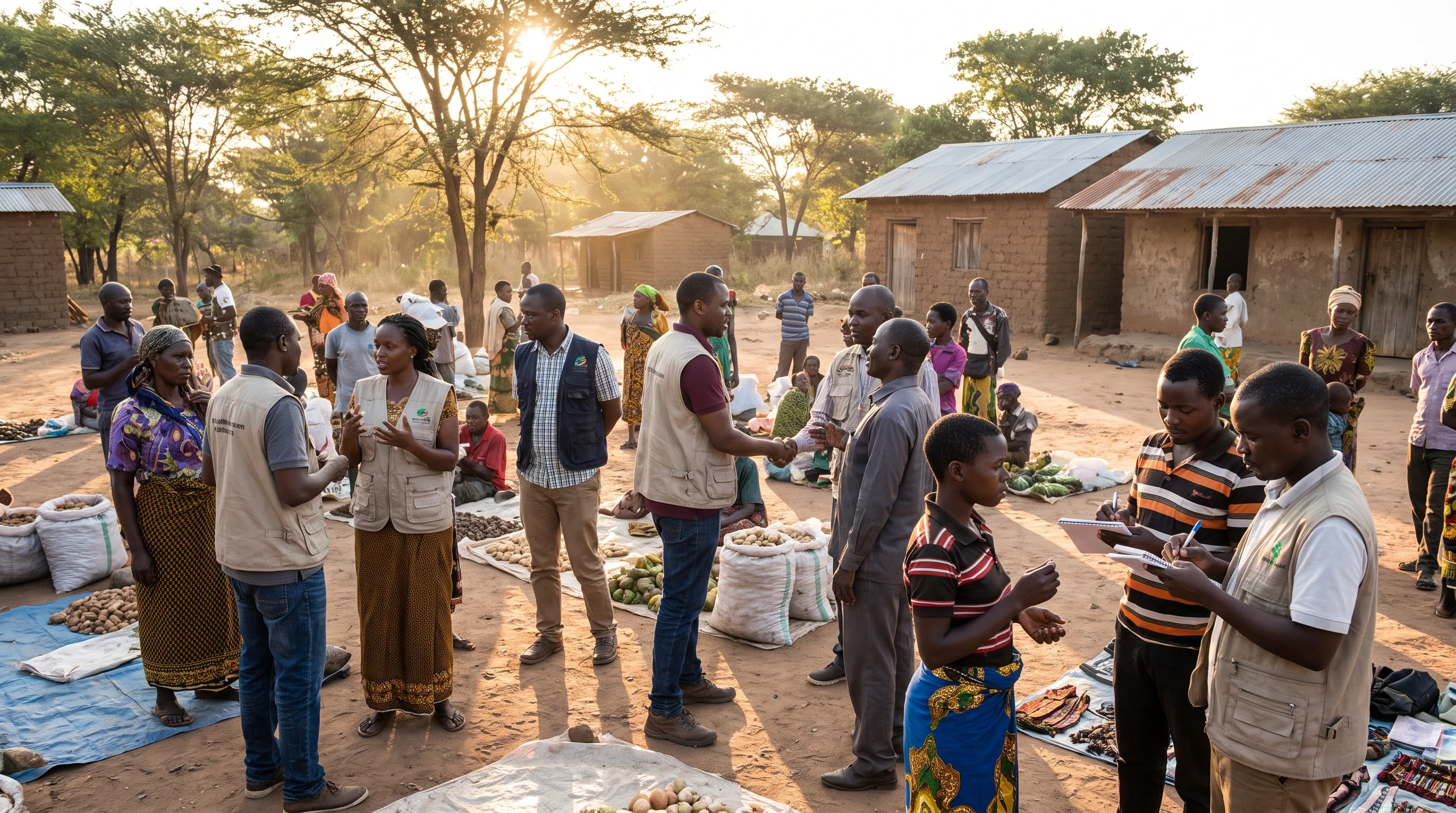 Development advisors engaging directly with community members in an open-air village market